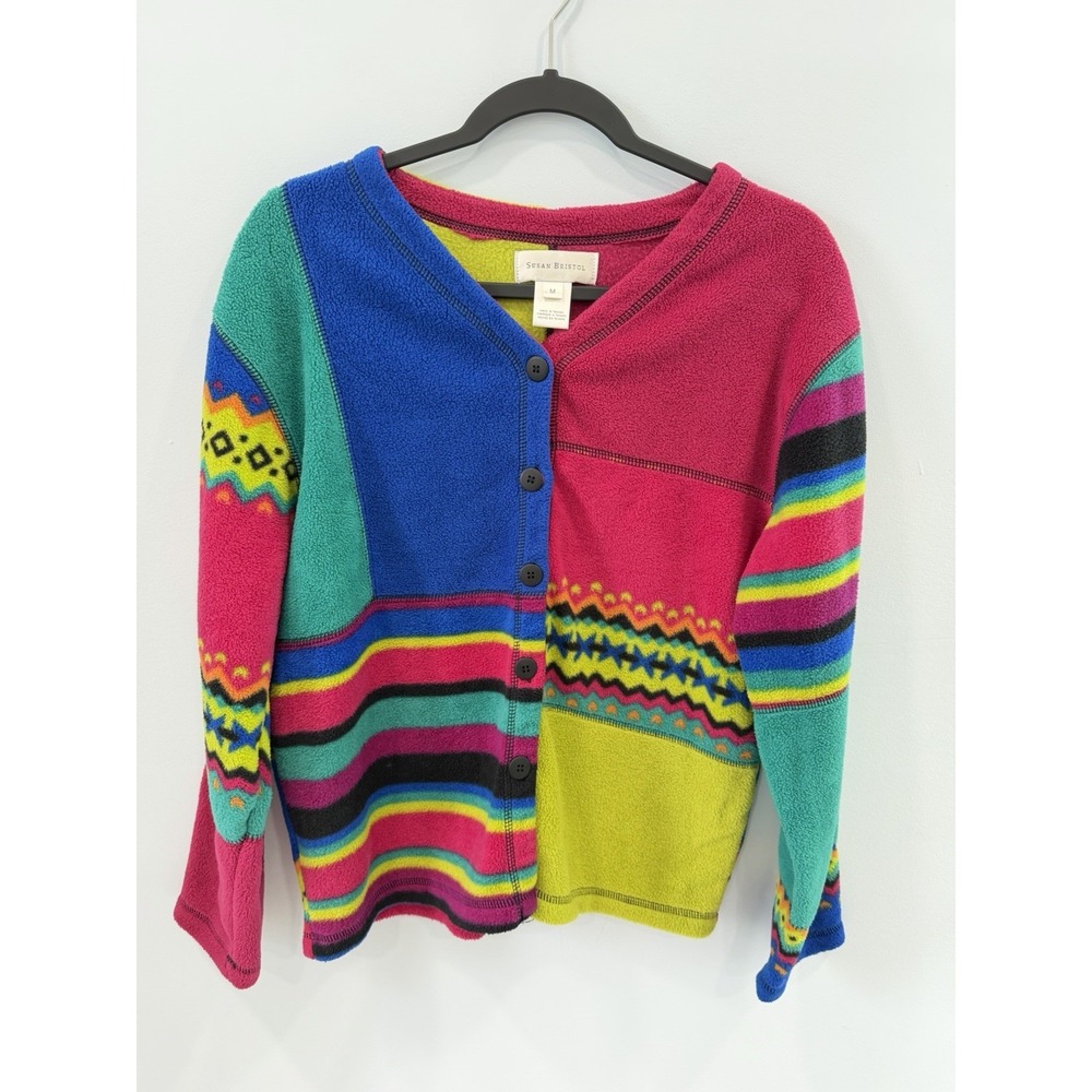 Susan Bristol Cardigan Womens Medium Patchwork Fleece Button Front Cozy Cottage